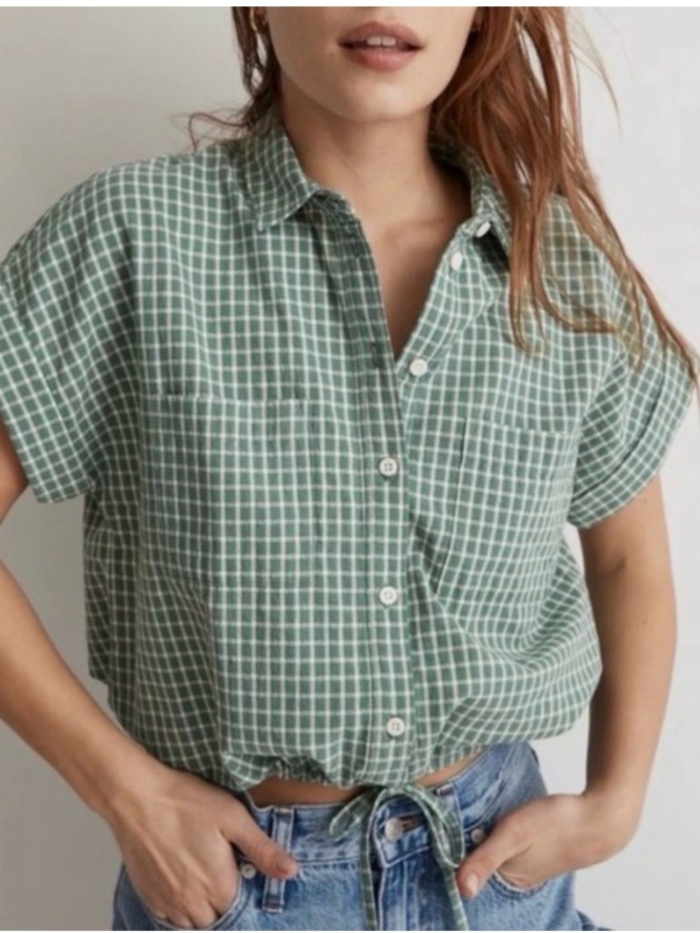 Madewell Women’s Green Check Tie-Hem Button-Down Shirt EUC Size 2X 18-20 - Picture 1 of 9